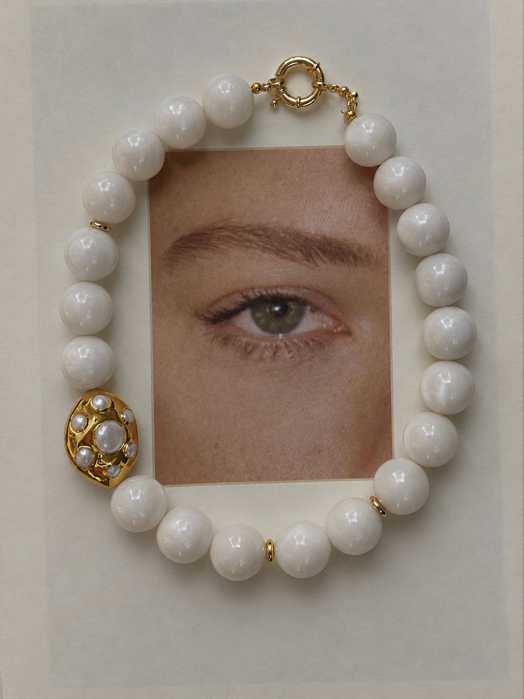 Studio Marea St Tropez Blanc Necklace – Oversized White Bead & Gold Pendant, Handmade, French Riviera