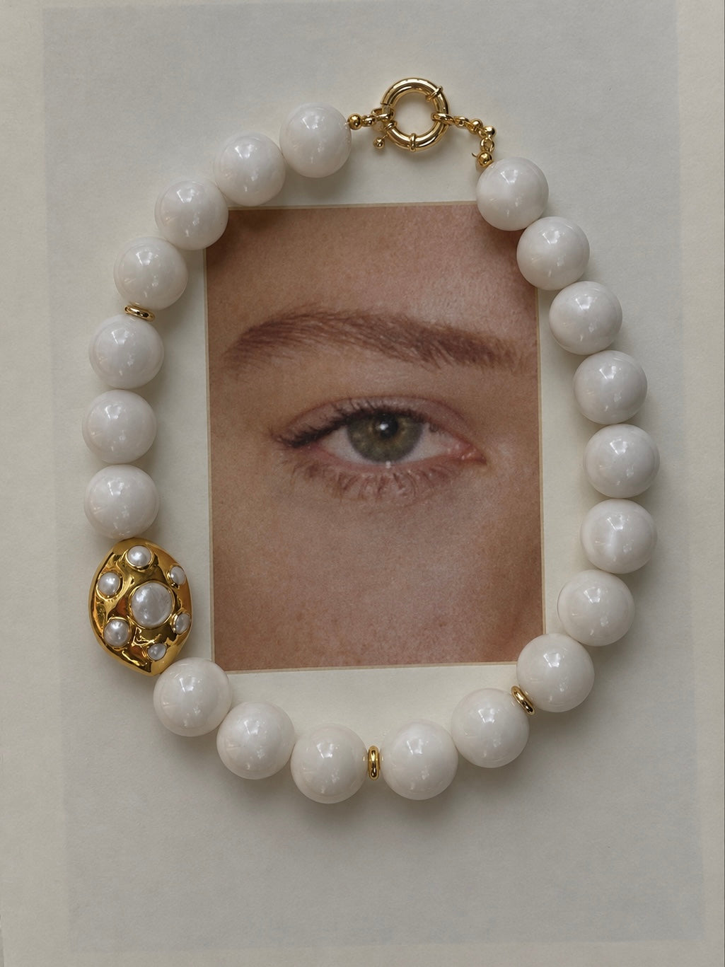 Studio Marea St Tropez Blanc Necklace – Oversized White Bead & Gold Pendant, Handmade, French Riviera