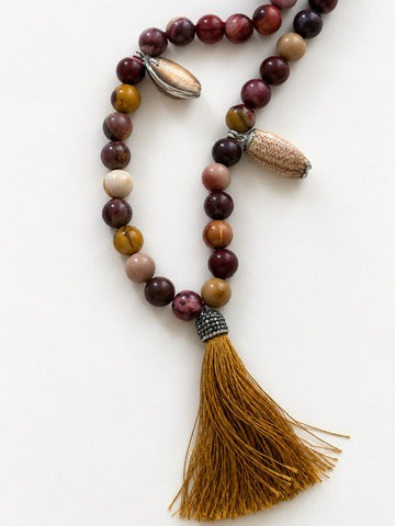 Studio Marea Marrakech Necklace – Marbled Bead, Shell & Tassel Statement Necklace, Handmade