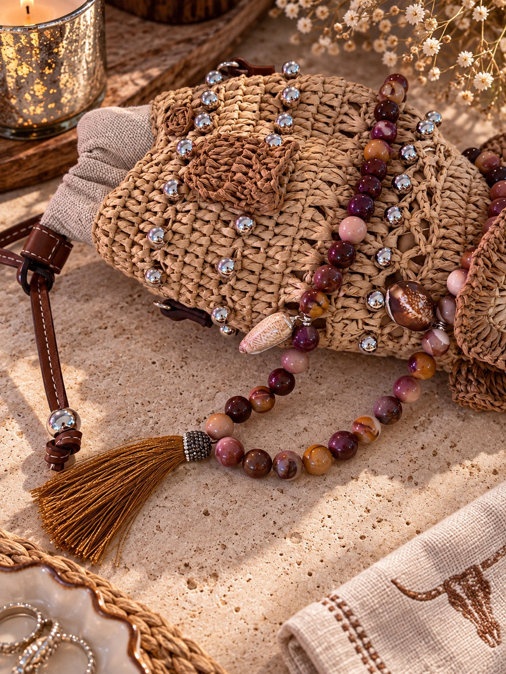 Studio Marea Marrakech Necklace – Marbled Bead, Shell & Tassel Statement Necklace, Handmade