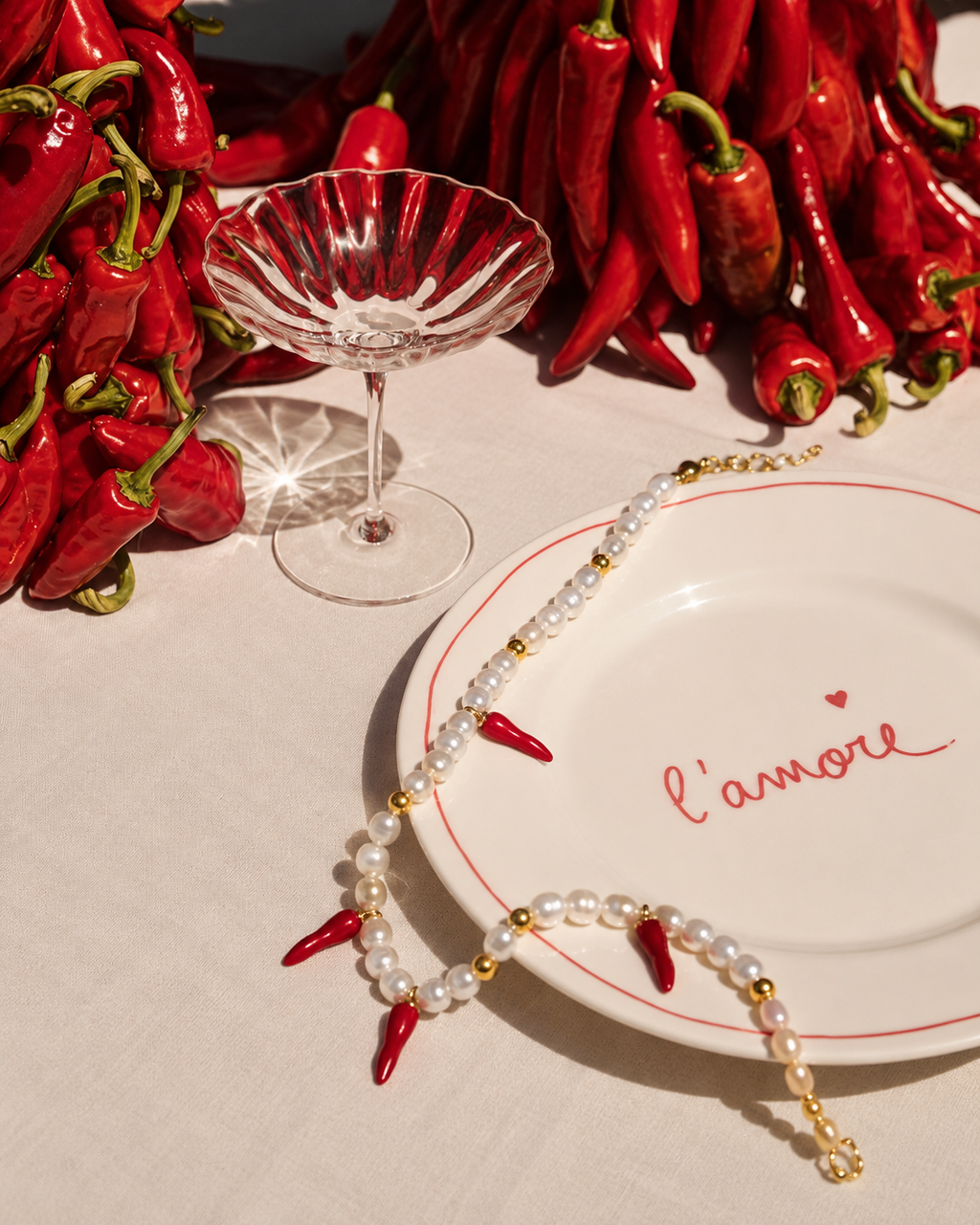 Studio Marea Sorrento Piccante Necklace – Pearl & Chili Pepper Charm Necklace, Handmade, 17" + Extender