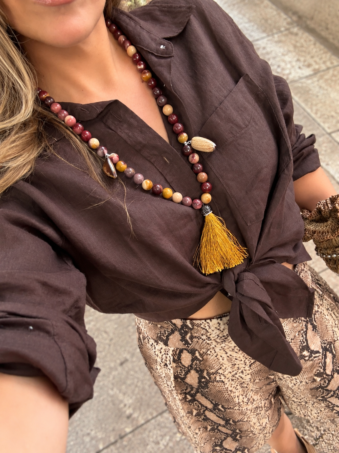 Studio Marea Marrakech Necklace – Marbled Bead, Shell & Tassel Statement Necklace, Handmade