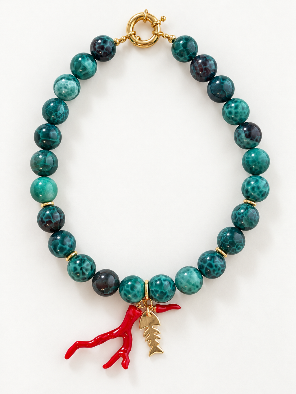 Studio Marea Ischia Necklace – Teal Marbled Bead Necklace with Coral & Gold Fish Charms, Handmade