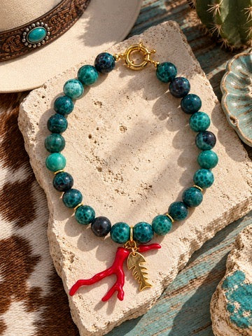 Studio Marea Ischia Necklace – Teal Marbled Bead Necklace with Coral & Gold Fish Charms, Handmade