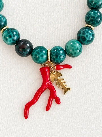 Studio Marea Ischia Necklace – Teal Marbled Bead Necklace with Coral & Gold Fish Charms, Handmade