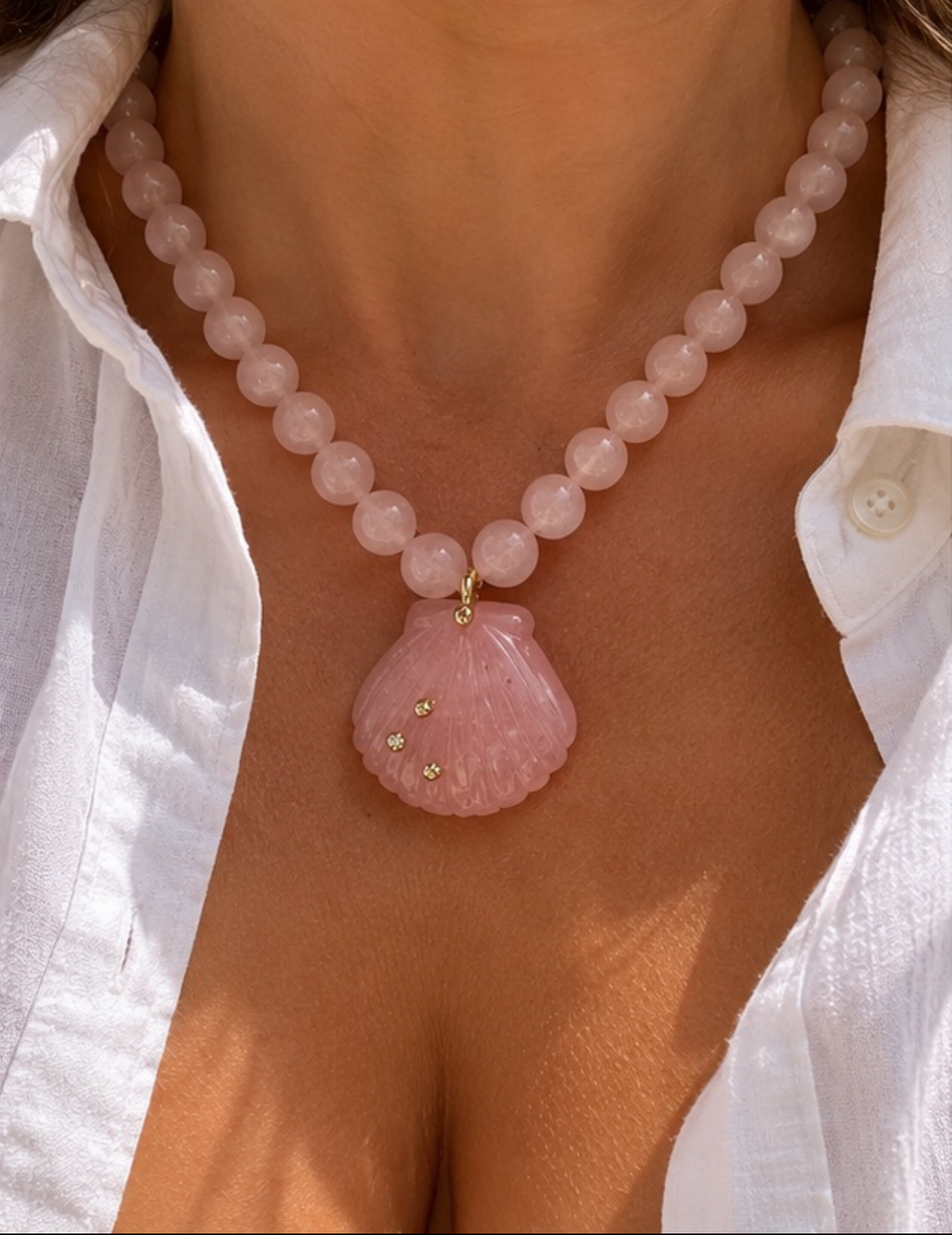 Studio Marea Amalfi Blush Necklace – Blush Pink Bead & Shell Pendant with Rhinestones, Handmade, 16.5"