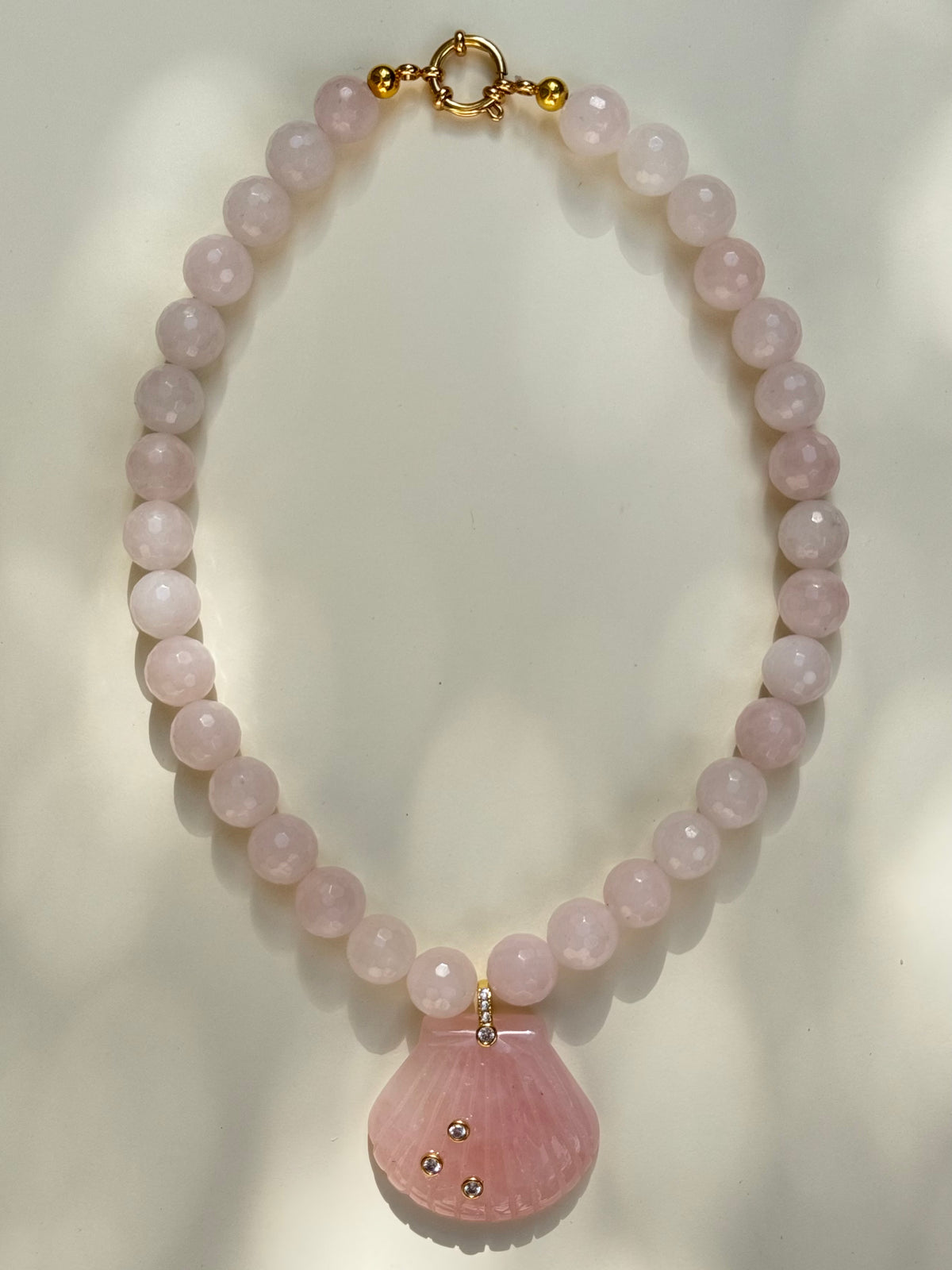 Studio Marea Amalfi Blush Necklace – Blush Pink Bead & Shell Pendant with Rhinestones, Handmade, 16.5"
