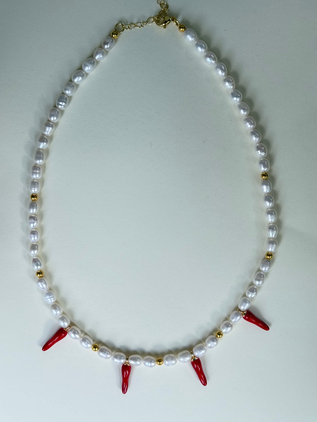 Studio Marea Sorrento Piccante Necklace – Pearl & Chili Pepper Charm Necklace, Handmade, 17" + Extender