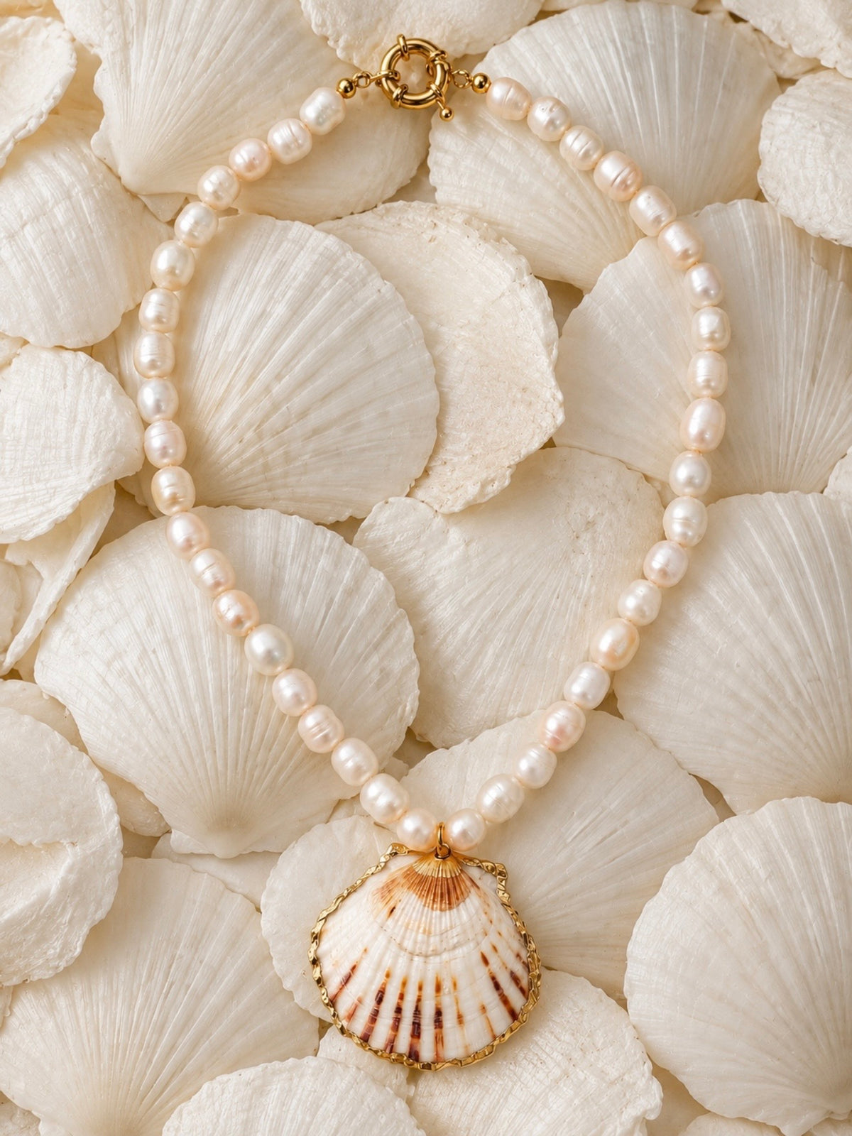 Studio Marea Lagos Pearl Necklace – Freshwater Pearls & Gold-Edged Scallop Shell, Handmade, 16"