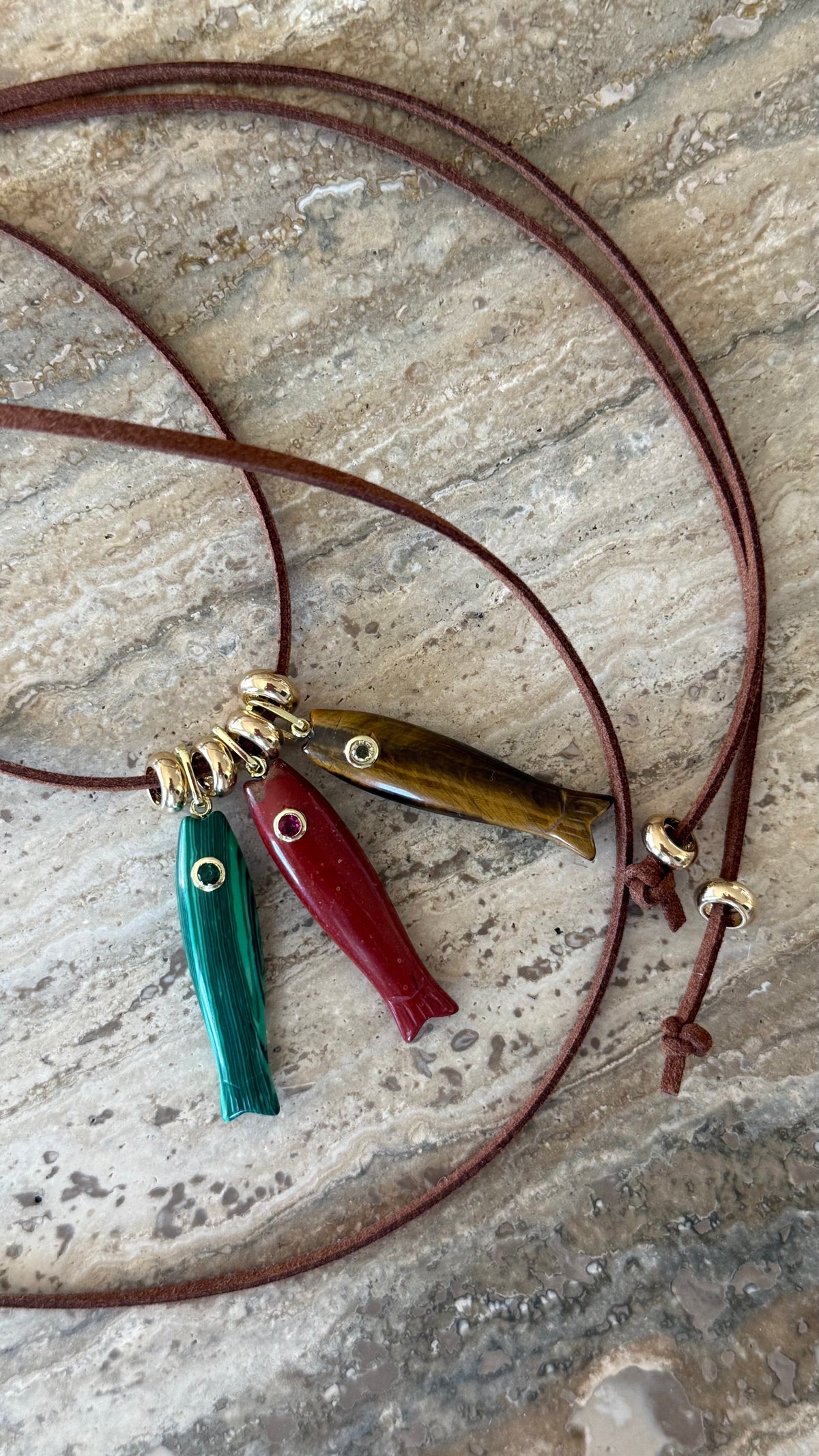 Studio Marea Sardinia Wrap Necklace – Three Fish Charms on Suede Cord, Handmade, Mediterranean Jewelry
