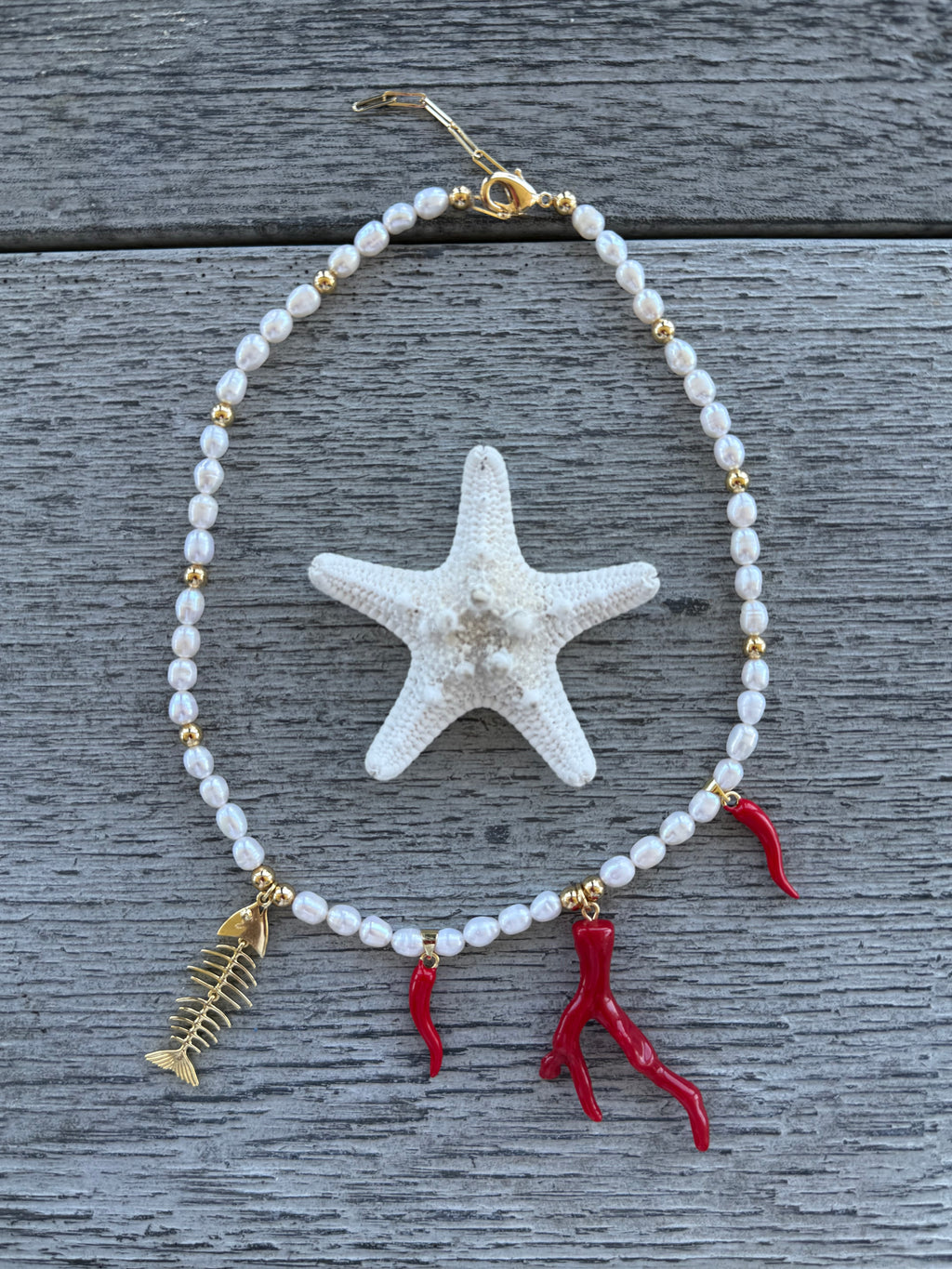 Studio Marea Capri Pearl Necklace – Pearl Beads with Coastal Charms, Handmade, 16.5" + Extender